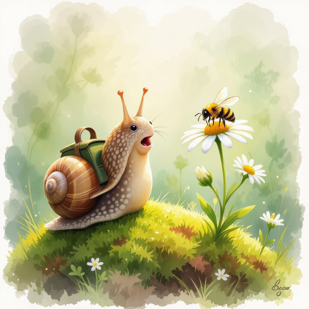 Snail with Backpack in Dreamlike Watercolor Style