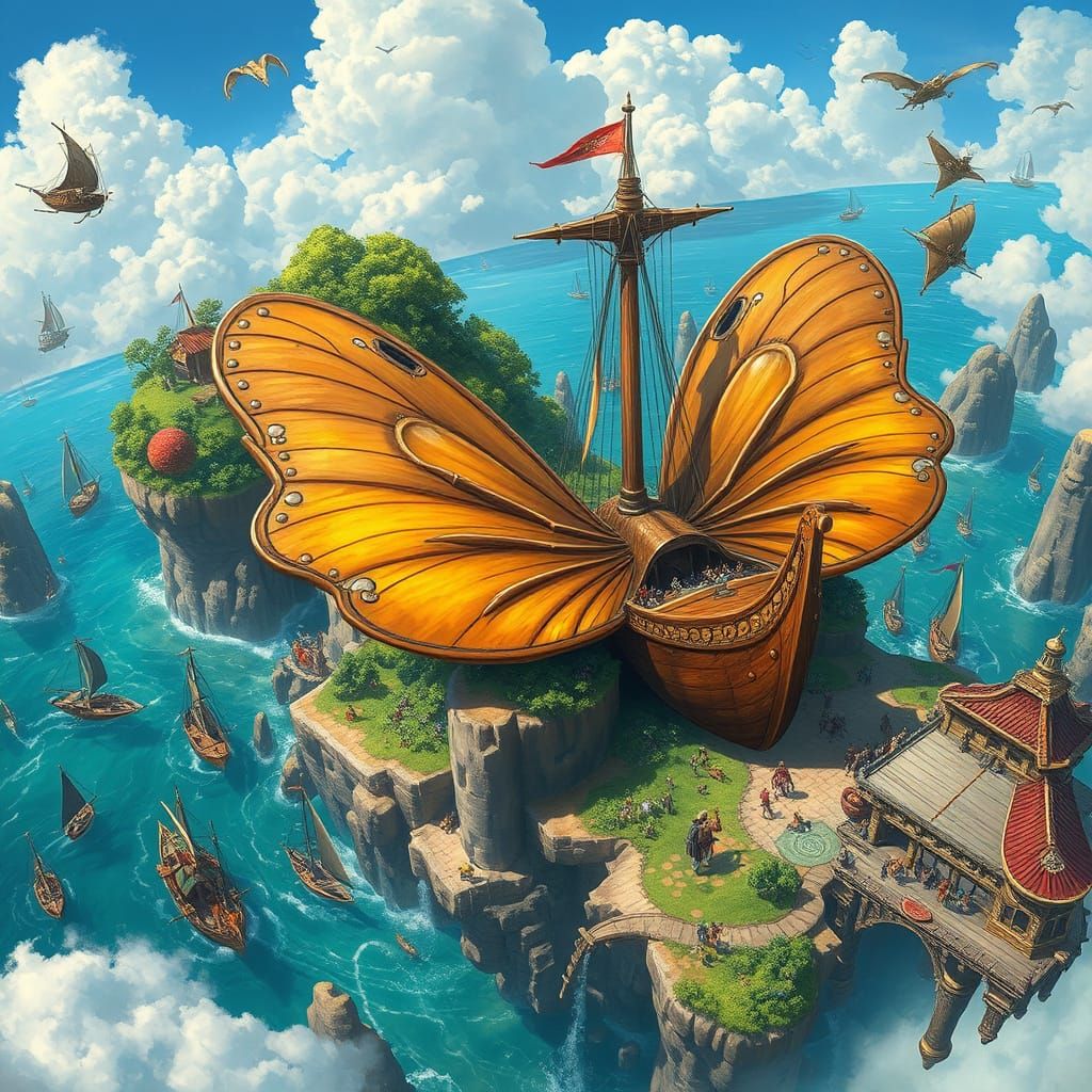 A bustling spelljammer port on a flying island in the sky, w...