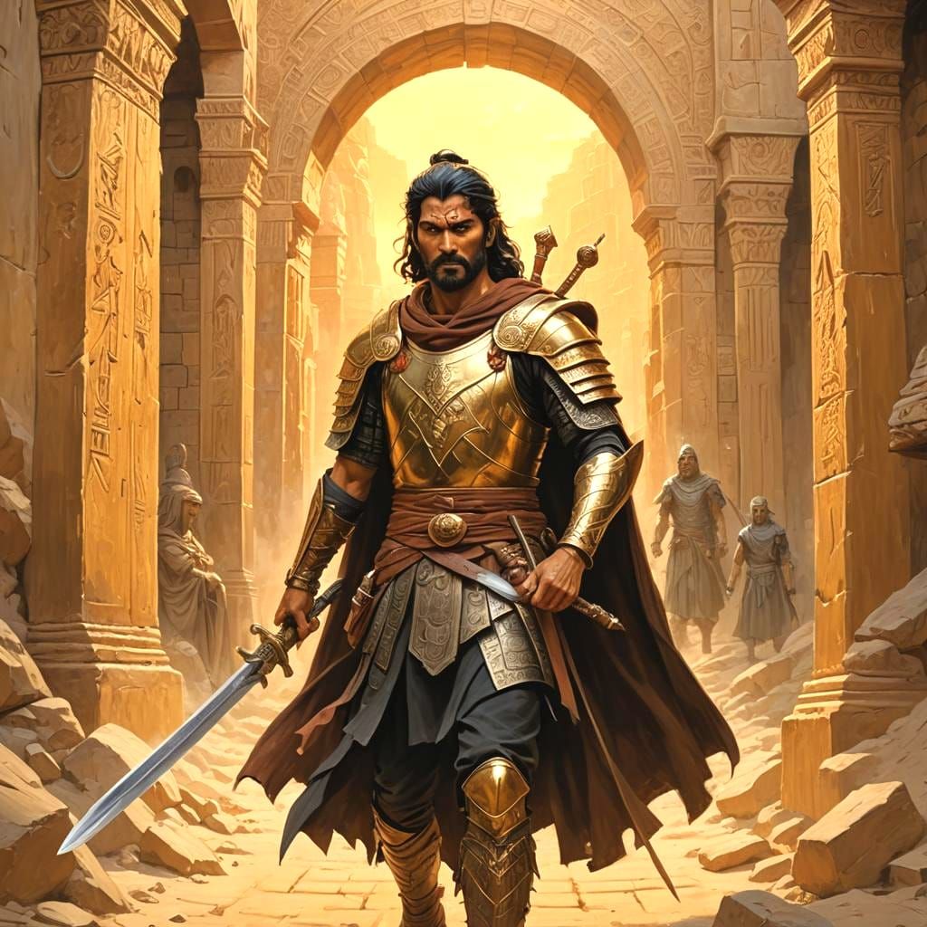 Sangith Enters Babylon with Aspid Sword: Fantasy Painting