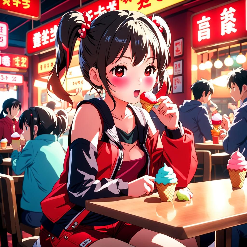 Anime Woman Eats Ice Cream in Bustling Restaurant