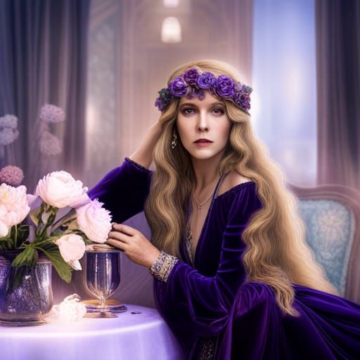 Ethereal Woman in Purple Velvet Gown with Mirror