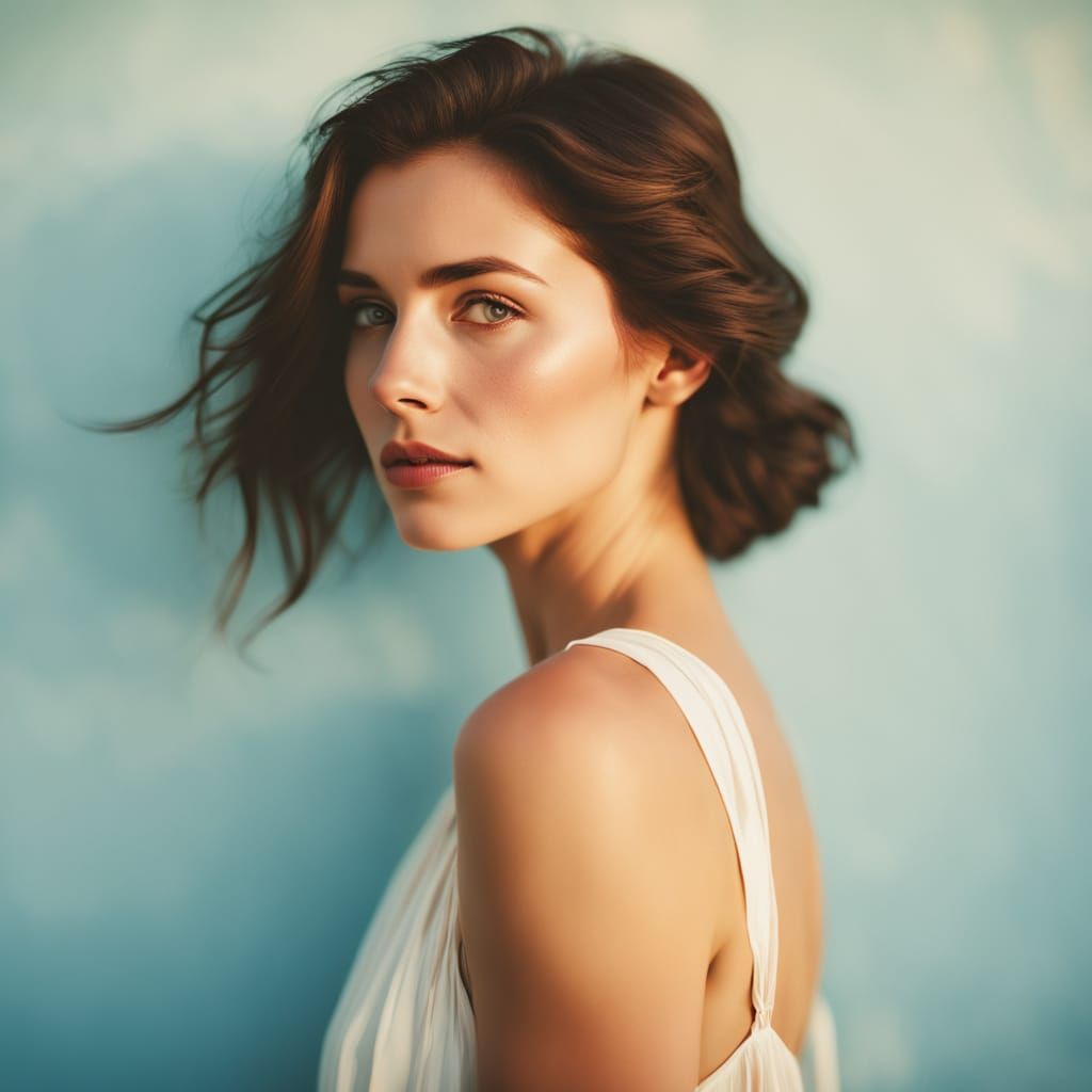 Elegant Dark-Haired Woman in Golden Hour Light