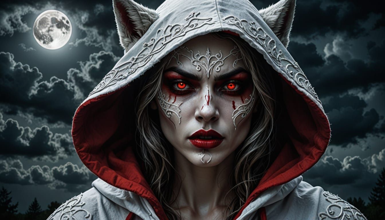 Werewolf Attack Survivor: Red Hooded Woman With Vivid Red Ey...
