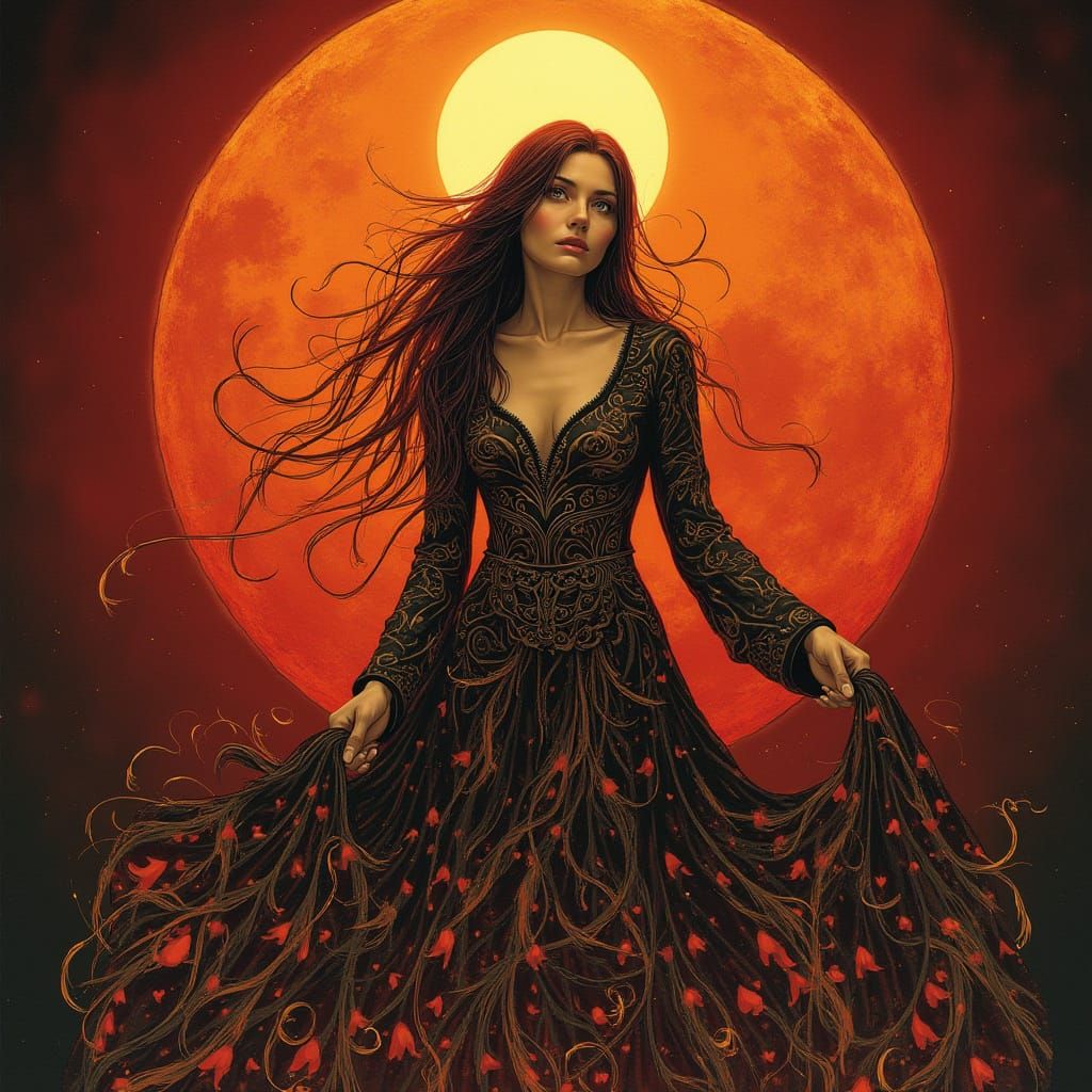 Mystical Goddess Under Vibrant Red Lunar Eclipse