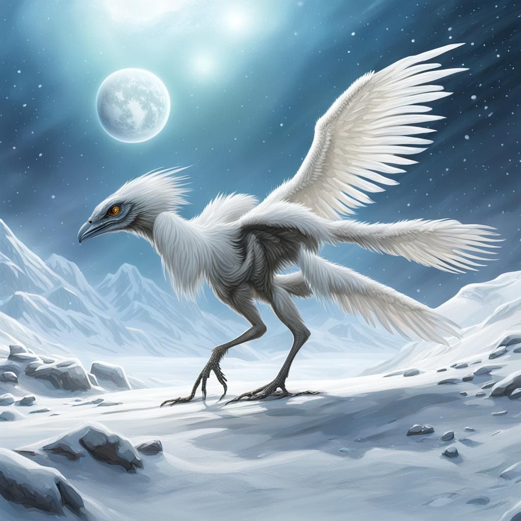Snowy Exoplanet with White Archaeopteryx Raptors