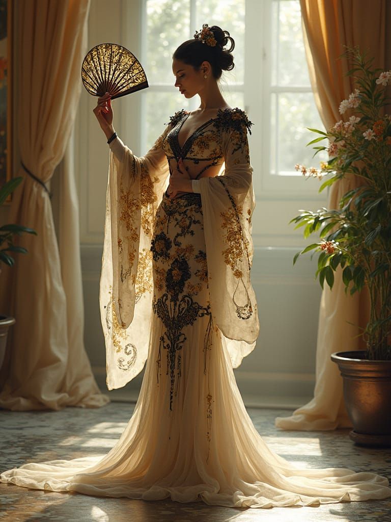 Steampunk Cyborg Geisha in Elegant Industrial Futurist Style