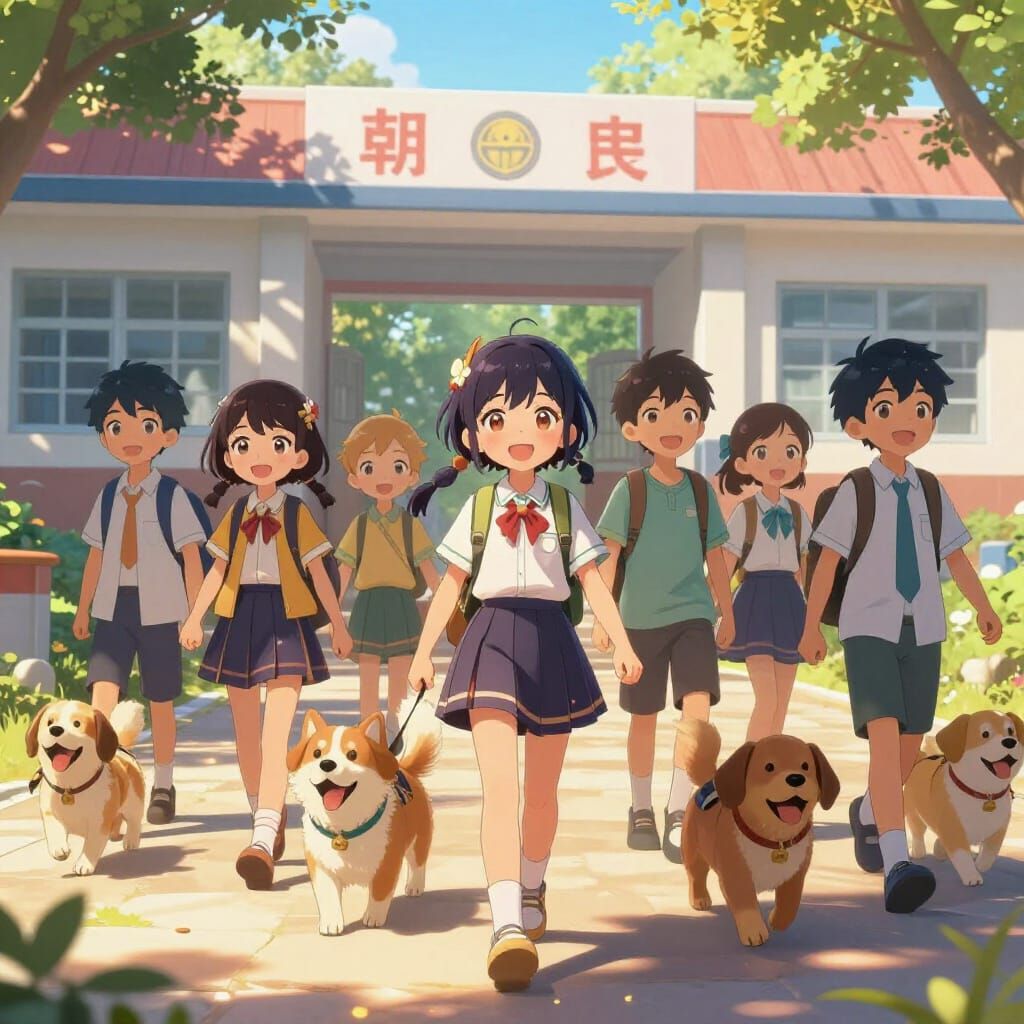 Children and Dogs Walking to School in 3D Anime Style