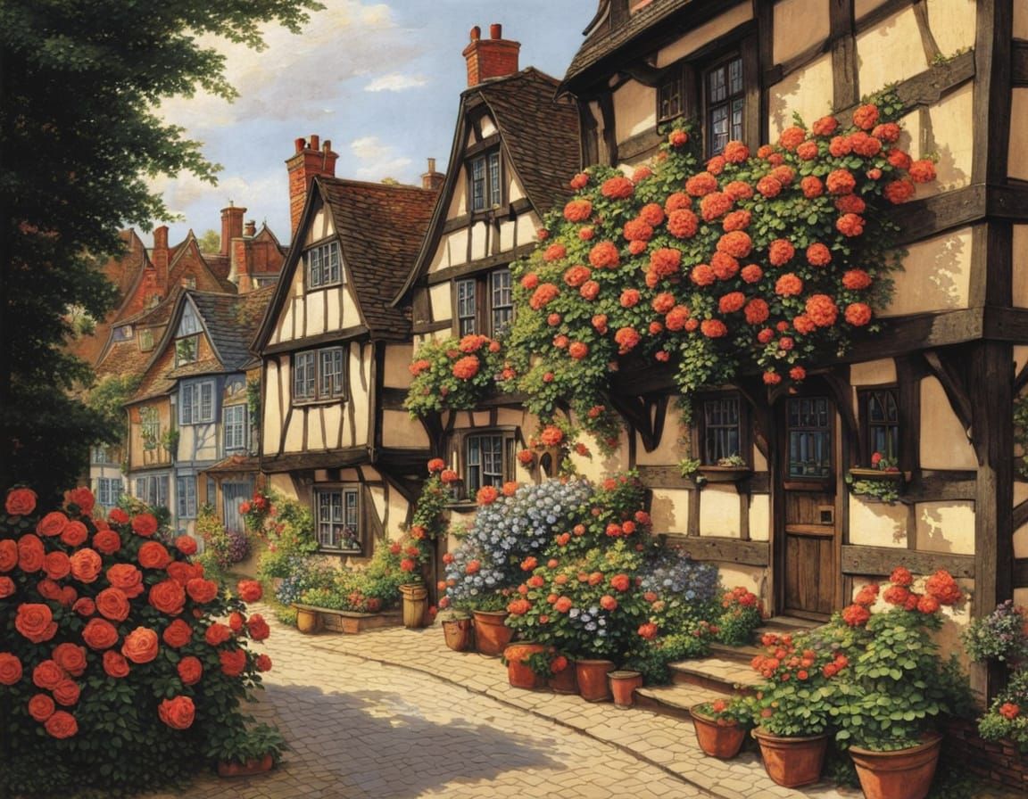 Charming Half-Timbered Street with Blooming Roses in Sendak ...