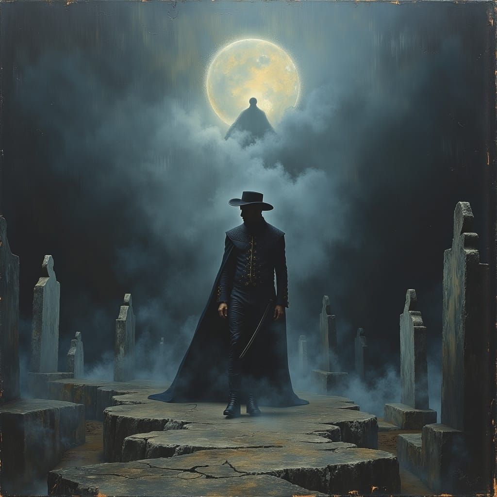 Don Juan Tenorio in Cemetery: Dark Oil Painting