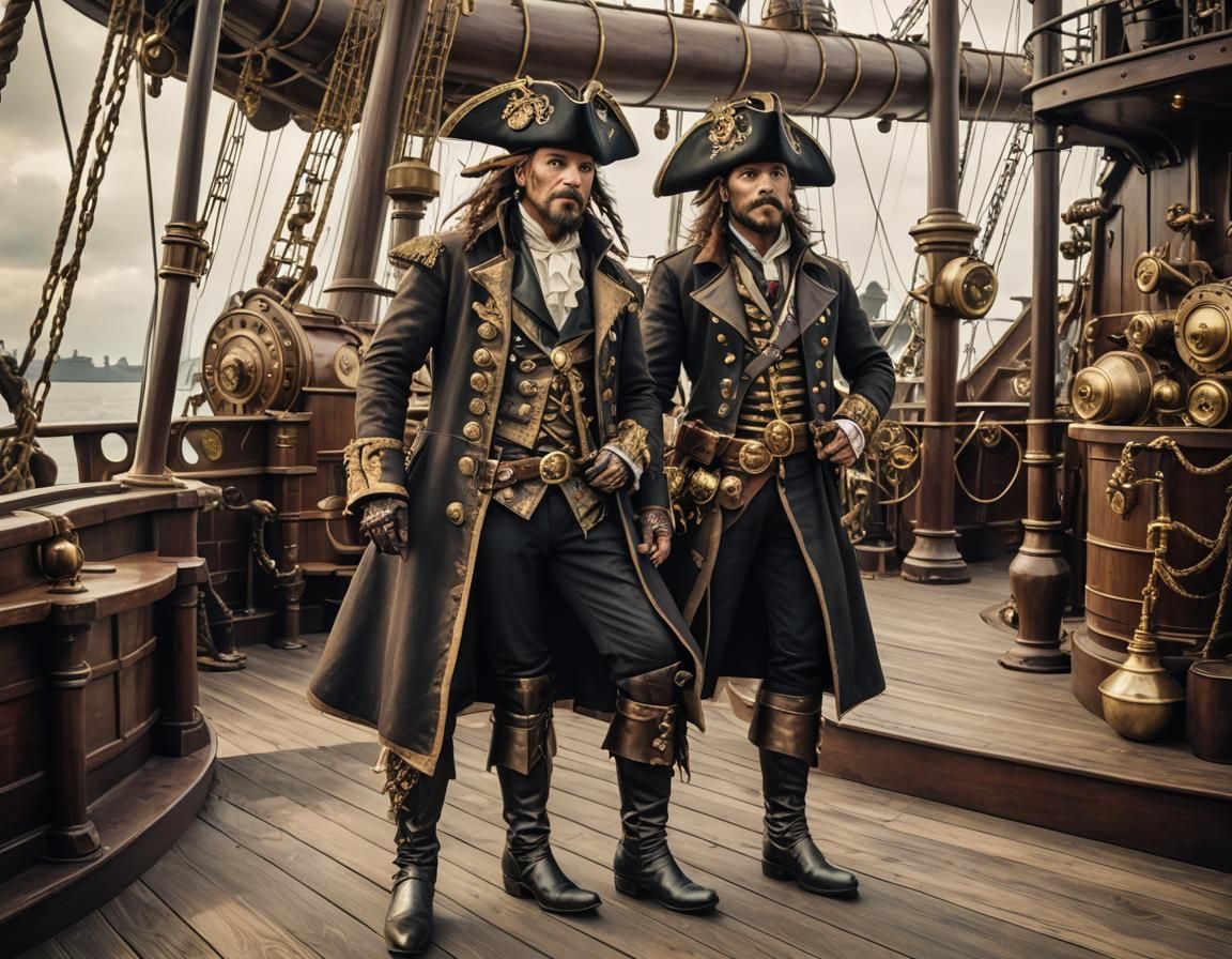 Steampunk Pirate Captain on Brass Ship Deck