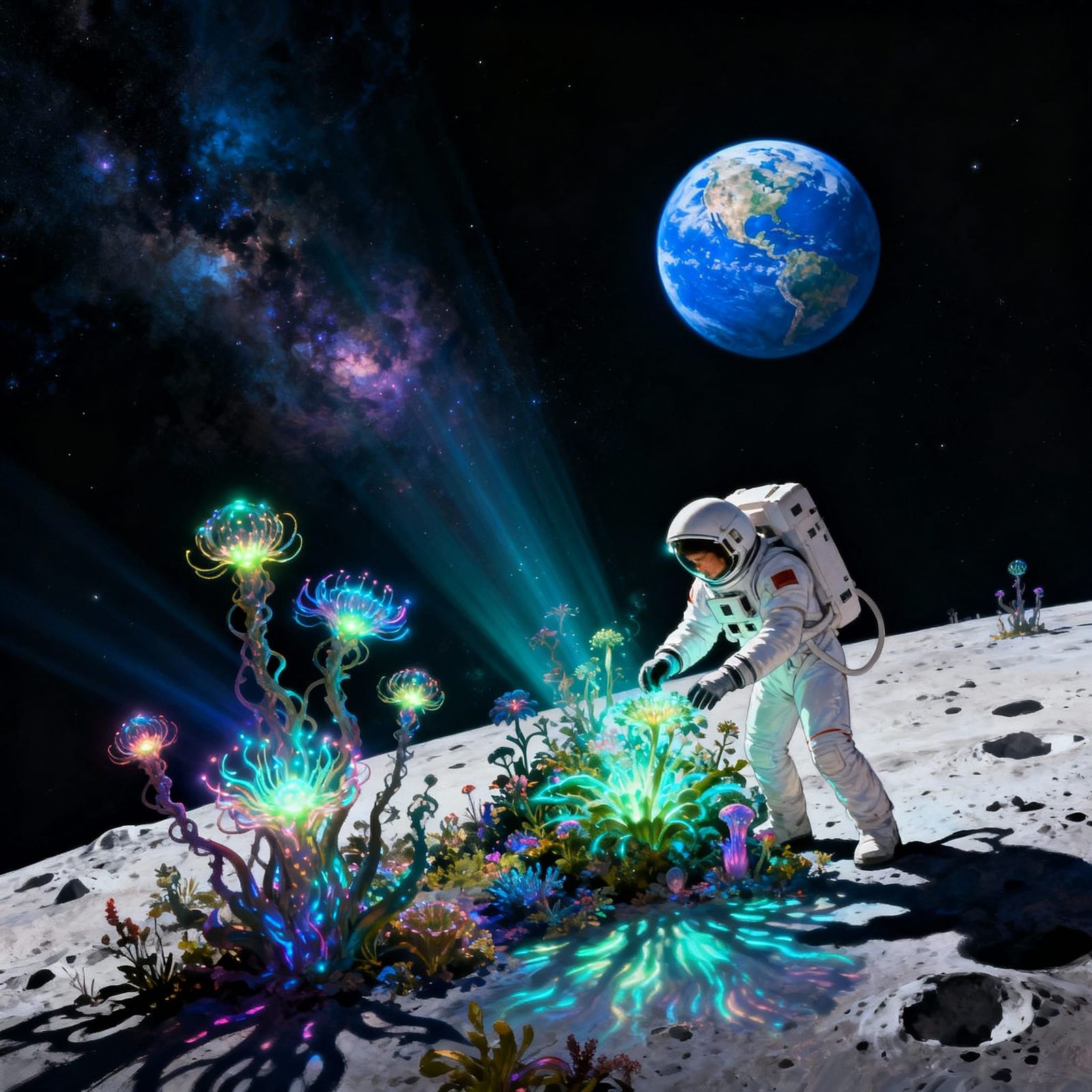 Astronaut Tends Alien Garden on Moon, Earth in Sky
