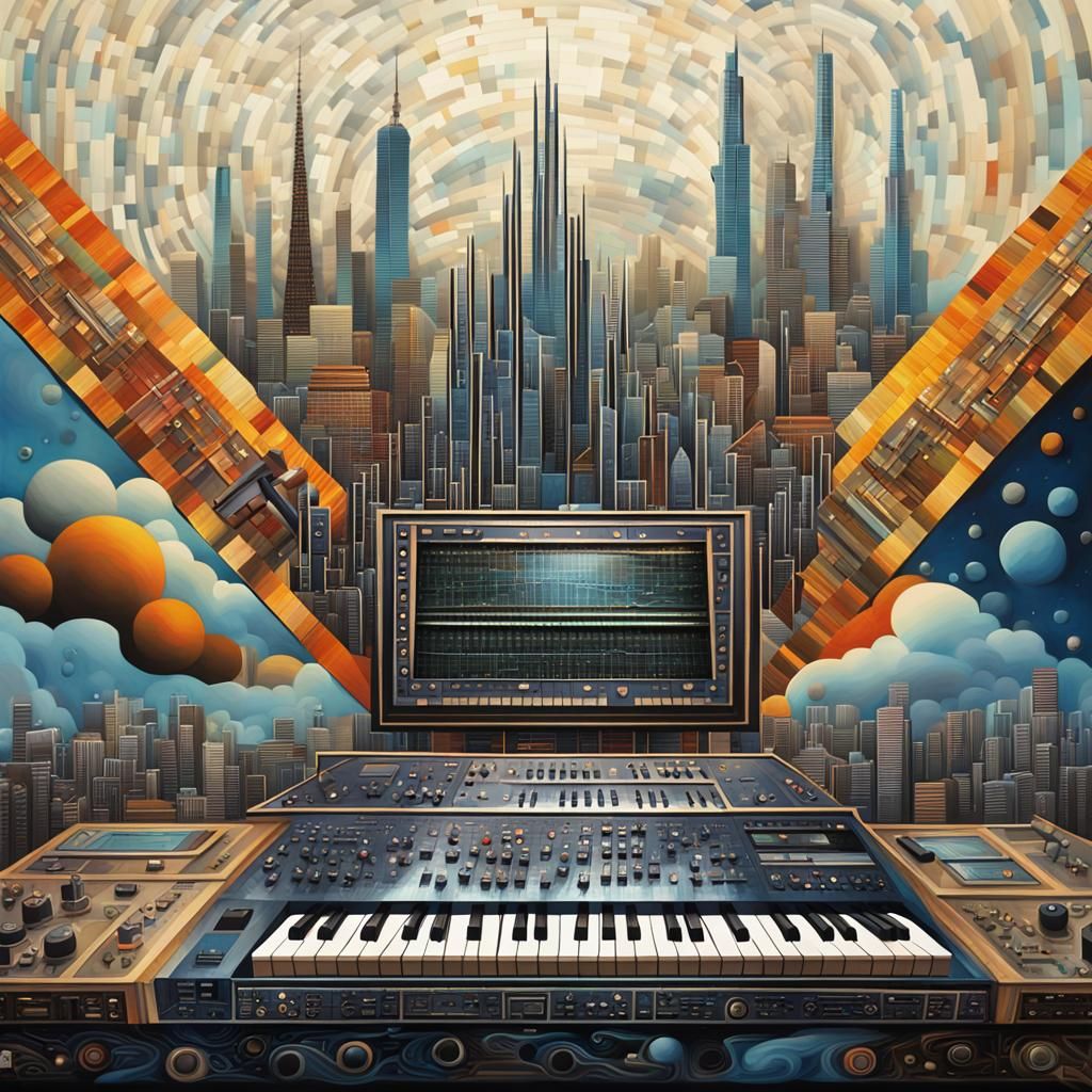 Synthesizer Cityscape in Mixed-Media Collage