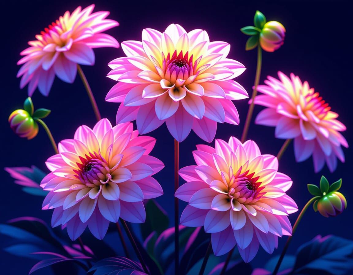 Neon-Lit Dahlias in a Futuristic Digital Art Style
