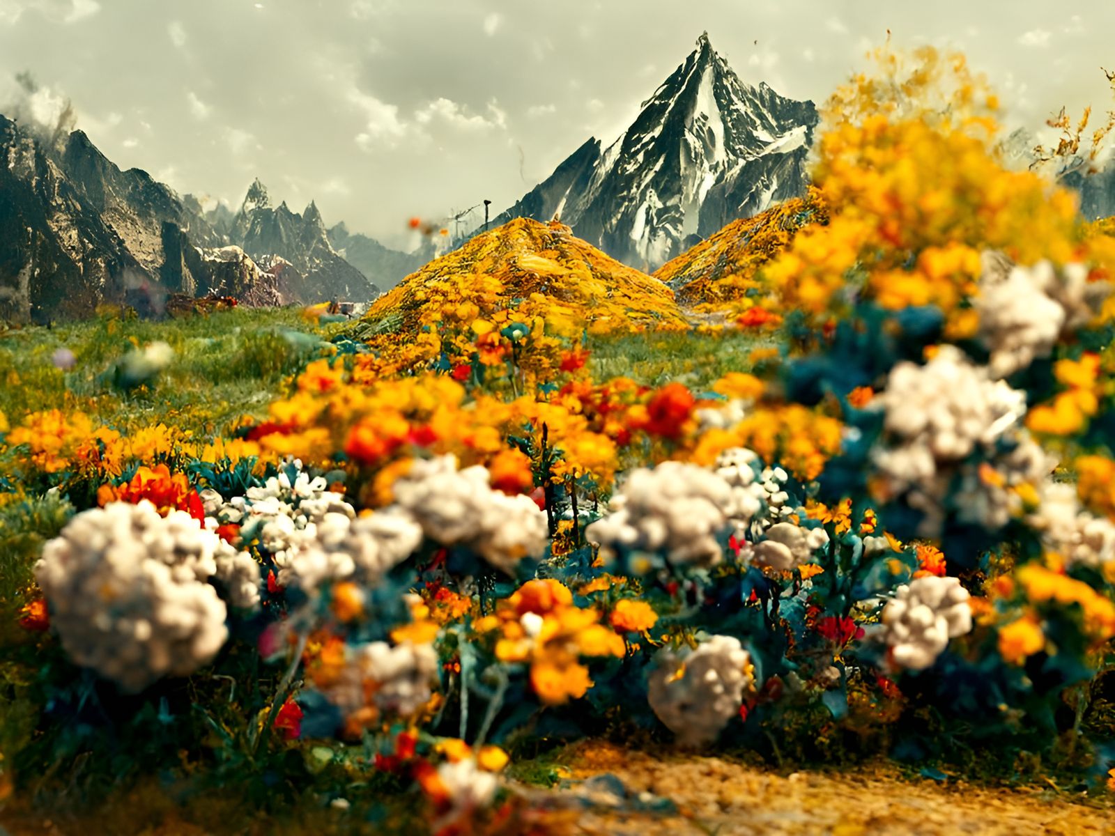 Vintage Floral Mountain Photograph in Ukiyo-e Style