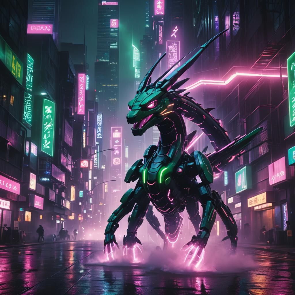 Neon Cyberpunk Dragon Rises in Futuristic Cityscape