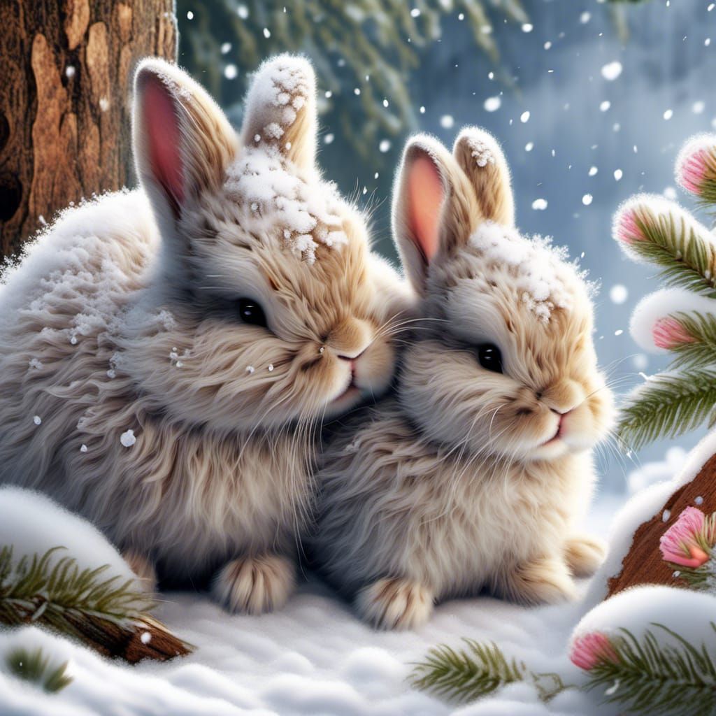 Baby Bunnies Cuddled in Winter Snow