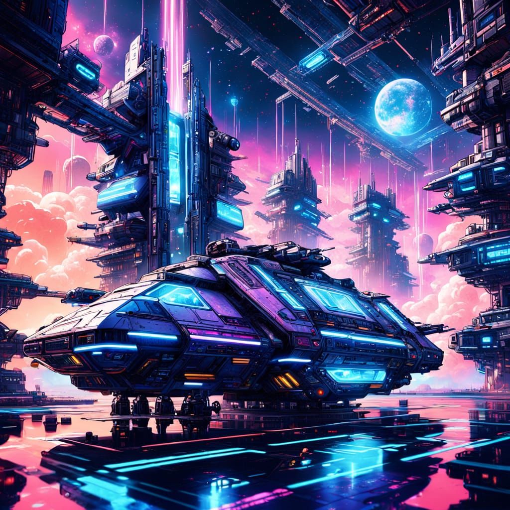 Cyberpunk Space Ship in Vibrant Nebula Surroundings