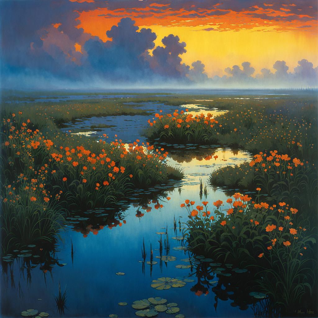 Misty Bog with Wildflowers in Dreamy Light