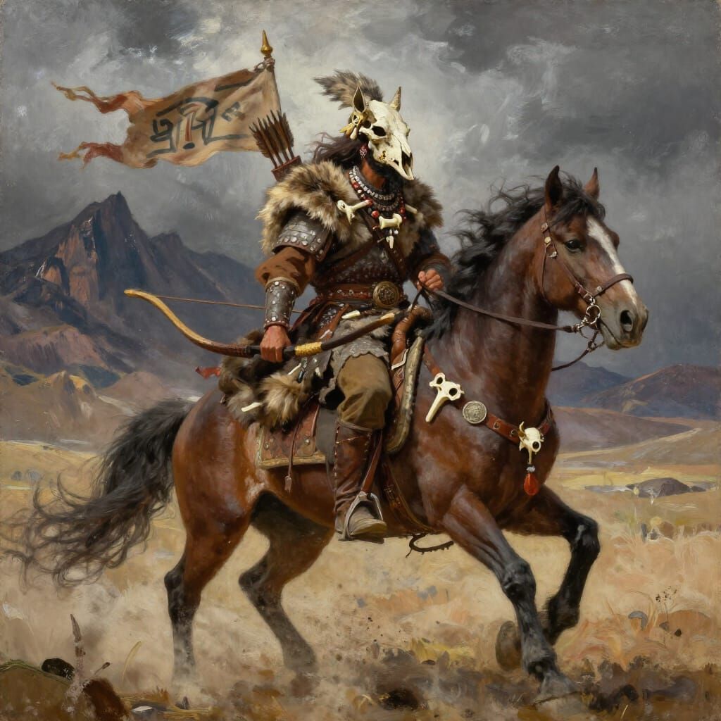 Nomadic Warrior on Horseback in Epic Oil Painting Style
