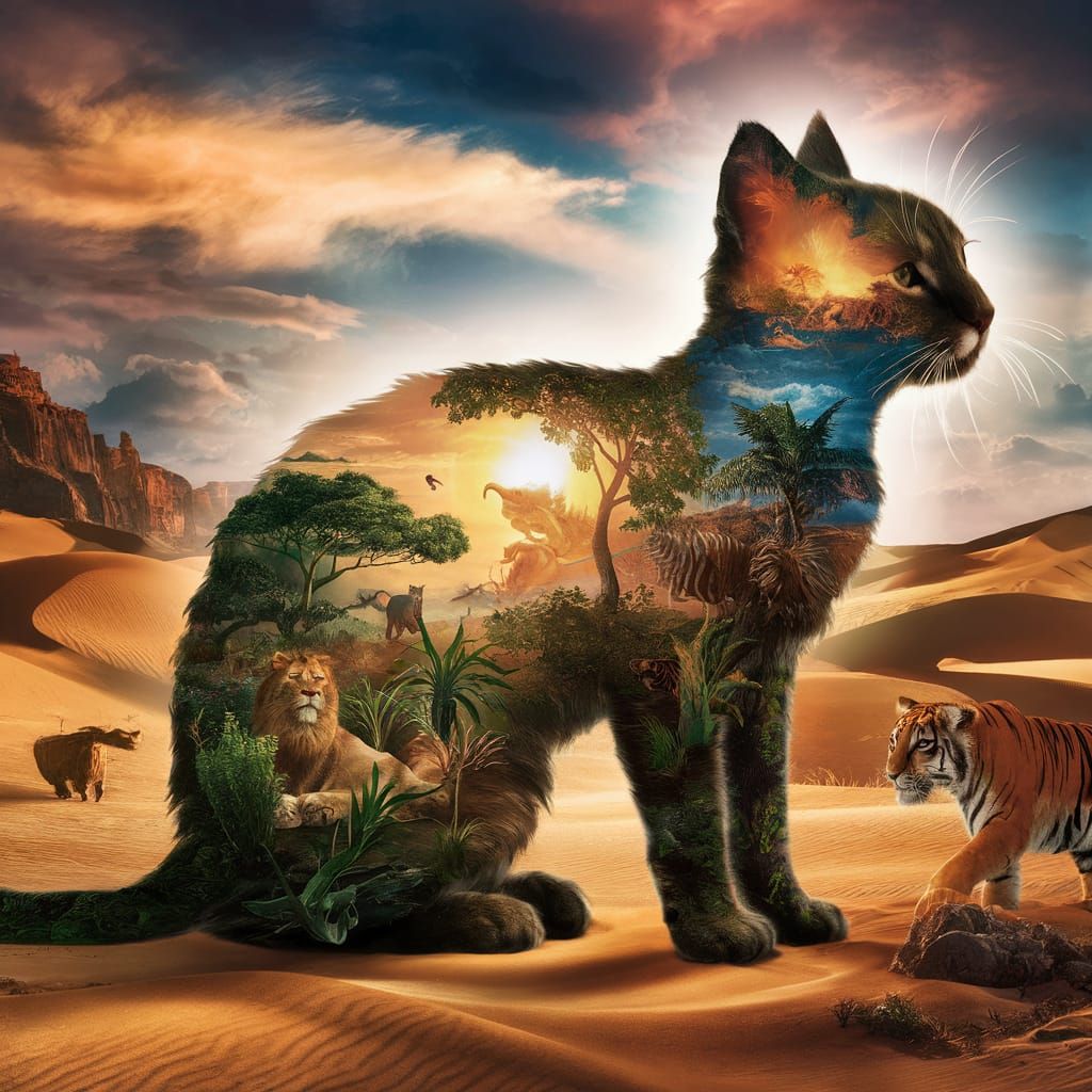 Dreamlike Cat Silhouette Filled with Wild Landscapes