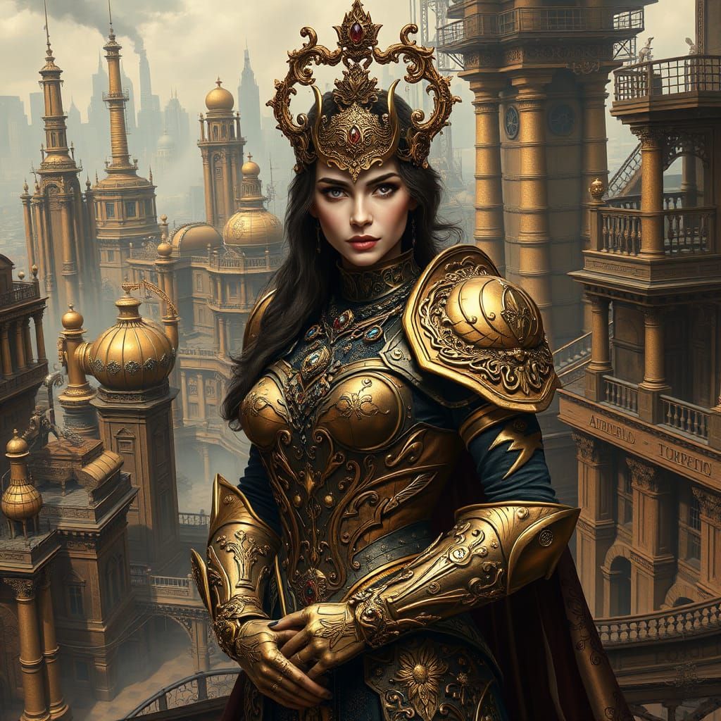 Bronze-Plated Woman in Steampunk Cityscape