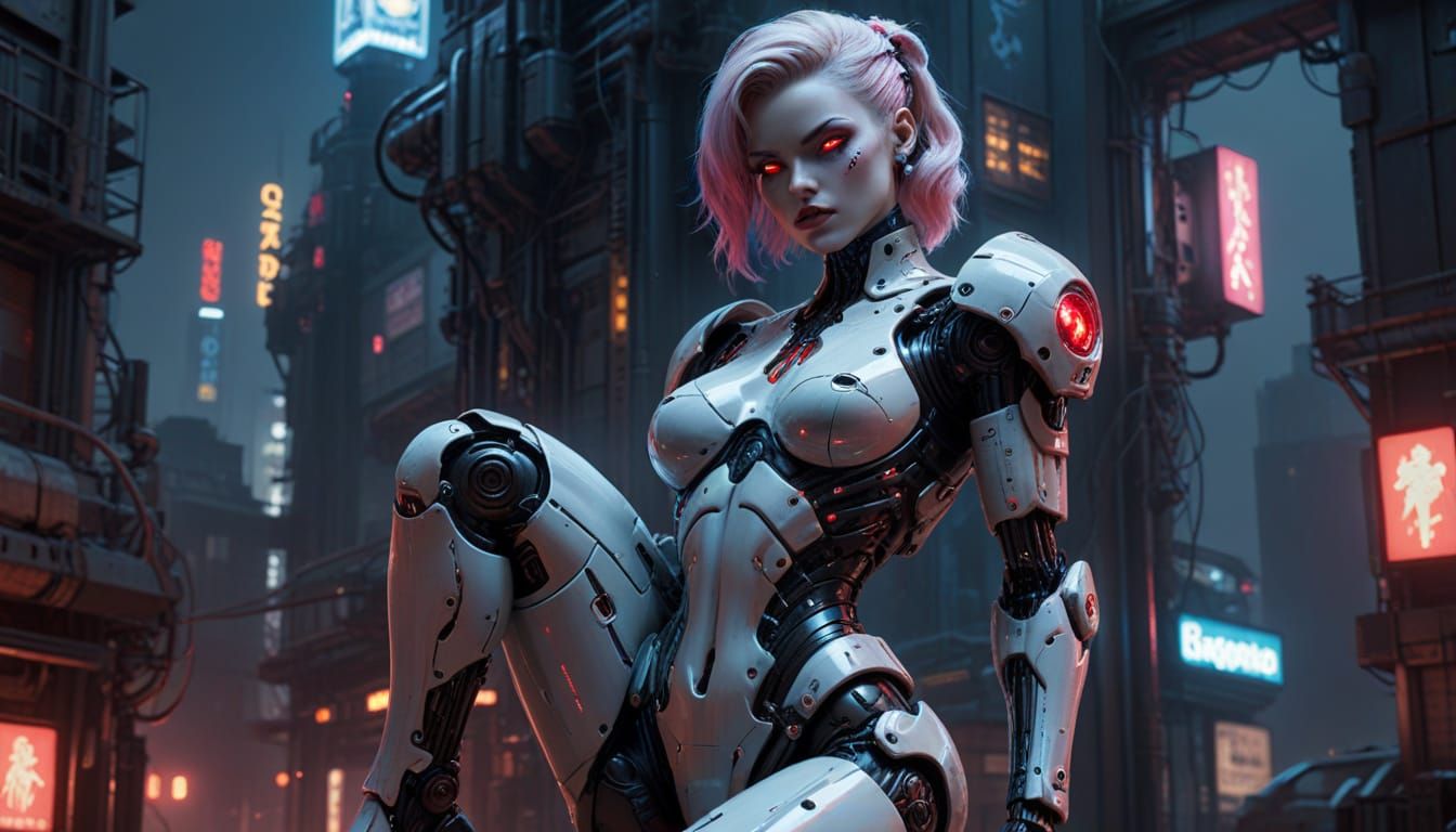 Gothic Pinup Gynoid in Cyberpunk Cityscape