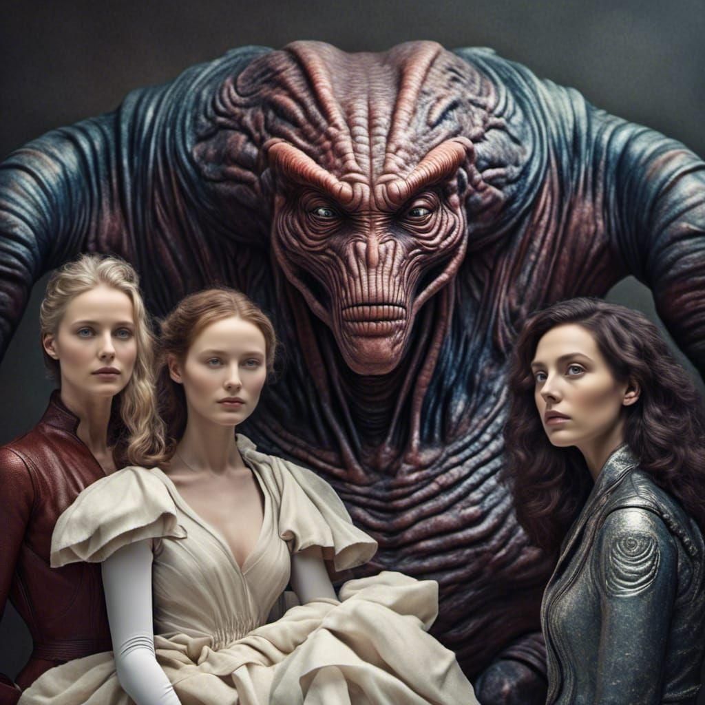 Aliens Party with Art History Characters in Hyperrealism