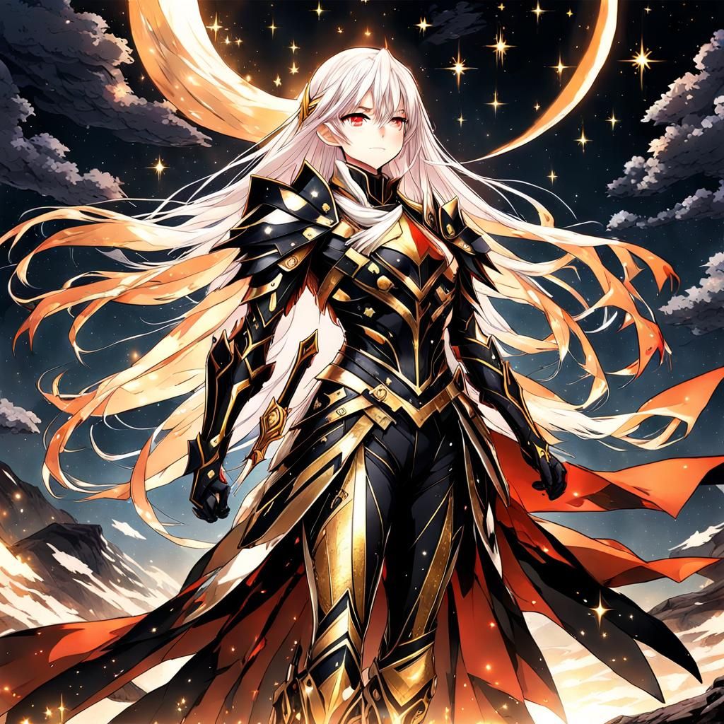 Anime Warrior Girl in Gold Armor Under Starry Sky