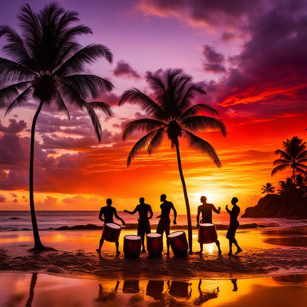 Caribbean Beach Dusk with Dancing Drummers: Hyperrealistic A...
