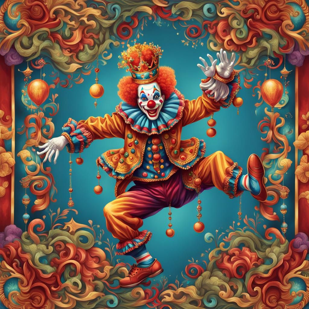 Acrobatic Clown with Red Hair in Garden Setting
