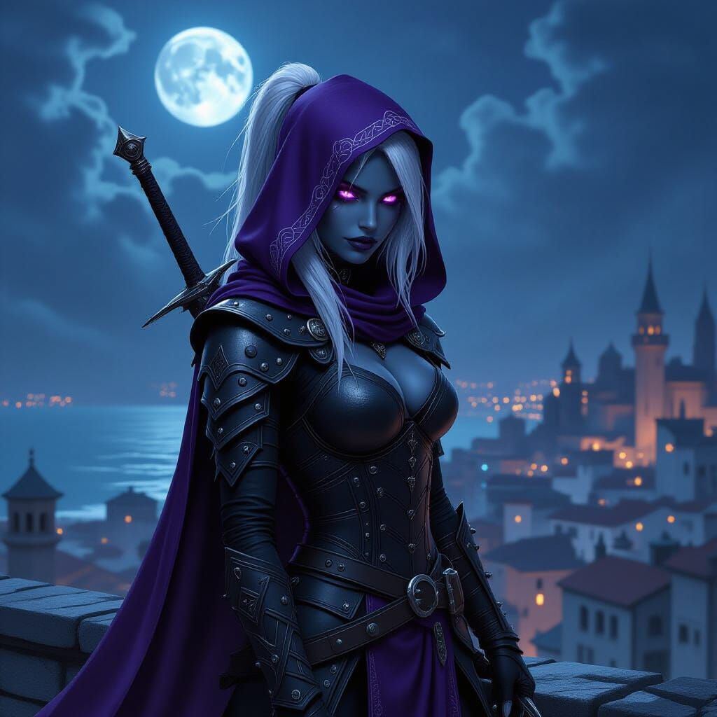 Deadly Drow Elf Surveys Coastal City