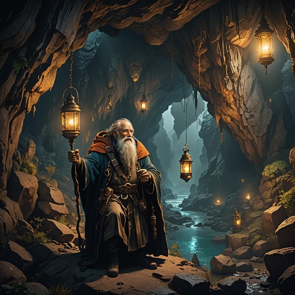 Hermit in Cave with Lantern: Fantasy Concept Art