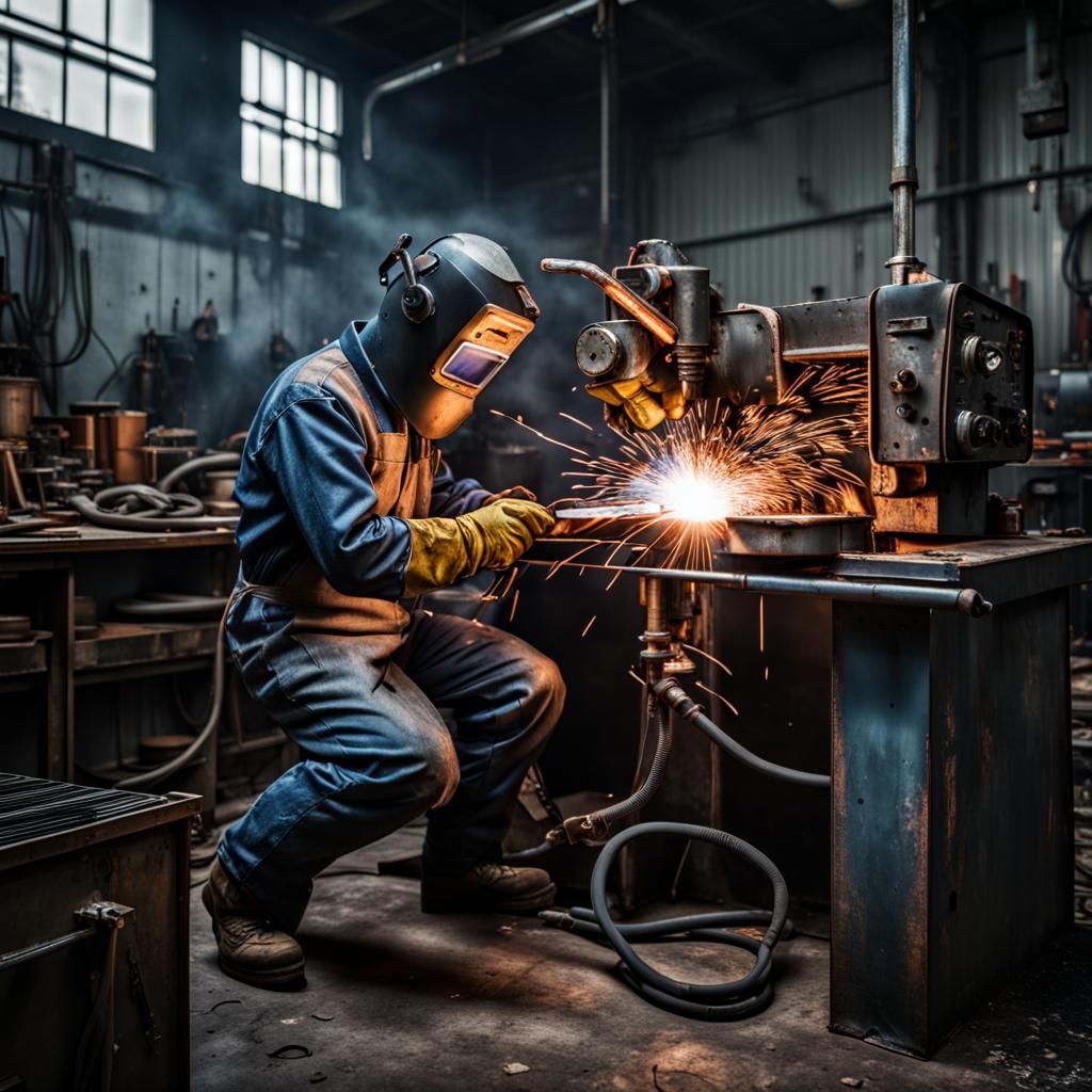 Welder in Workshop: Hyperrealistic HDR Close-Up