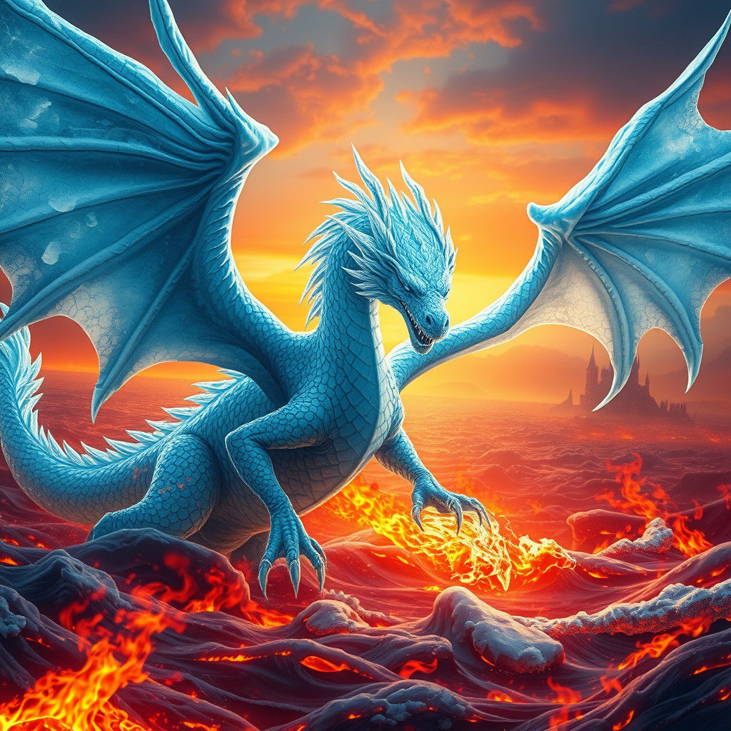 Ice Dragon Emerges from Sea of Flames