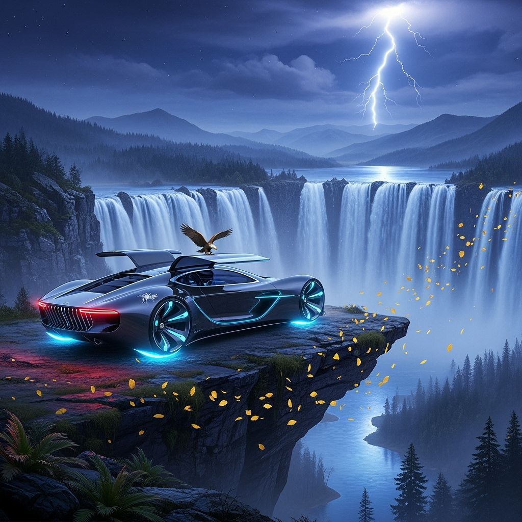 Futuristic Luxury Car Overlooking Magical Landscape