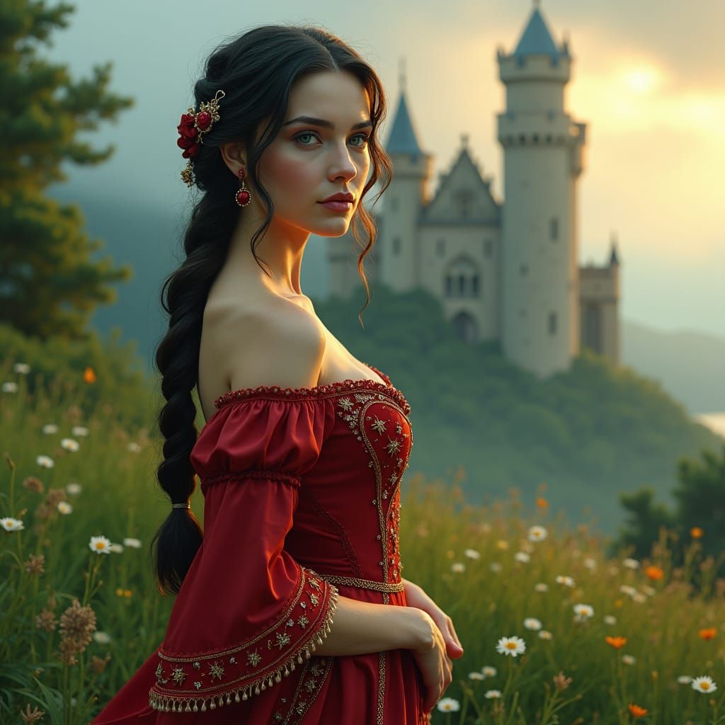 Captivating Medieval Lady in Emerald Landscape