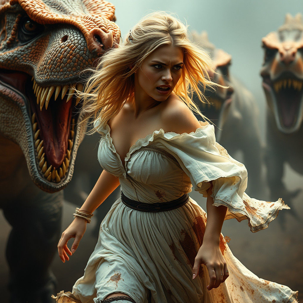 Blonde Woman Fleeing Dinosaurs in Hyper-Realistic Style