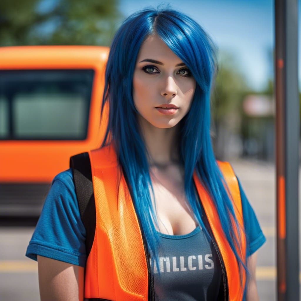 Emo Girl with Blue Hair at Bus Stop