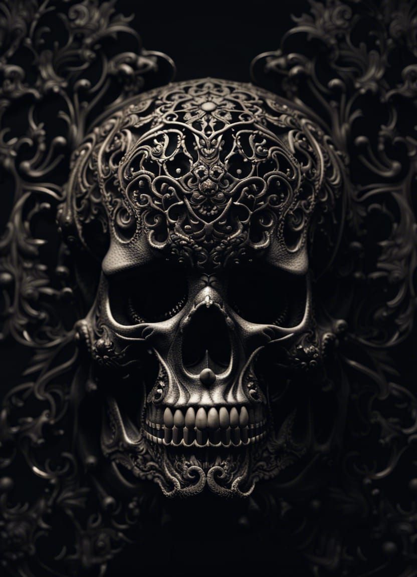 Creepy Ornate Black Skull in Dramatic Lighting