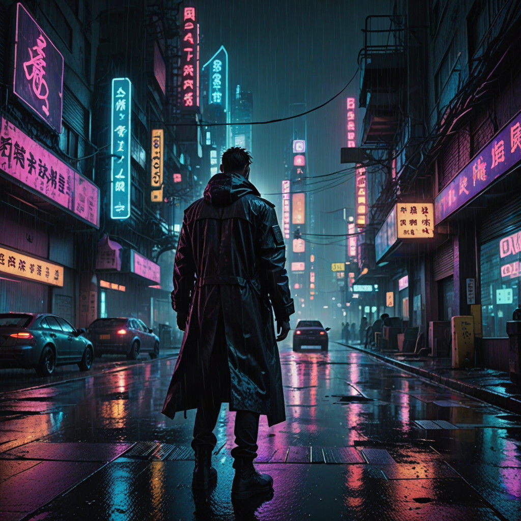 Cyberpunk Cityscape with Lone Figure under Neon Lights