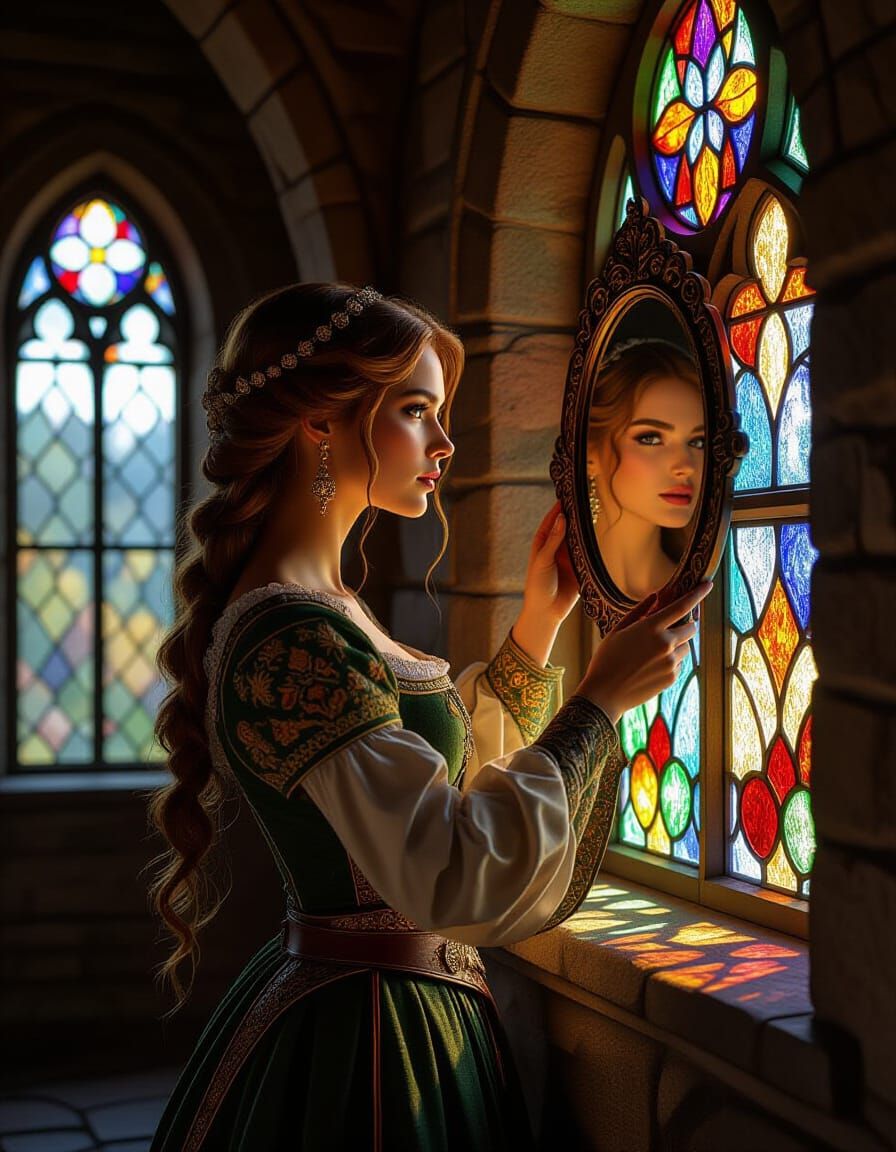 Medieval Lady in Tower Room with Stained Glass