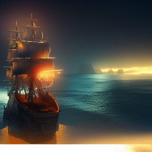 Pirate Ship Amidst Tumultuous Cyberpunk Seas