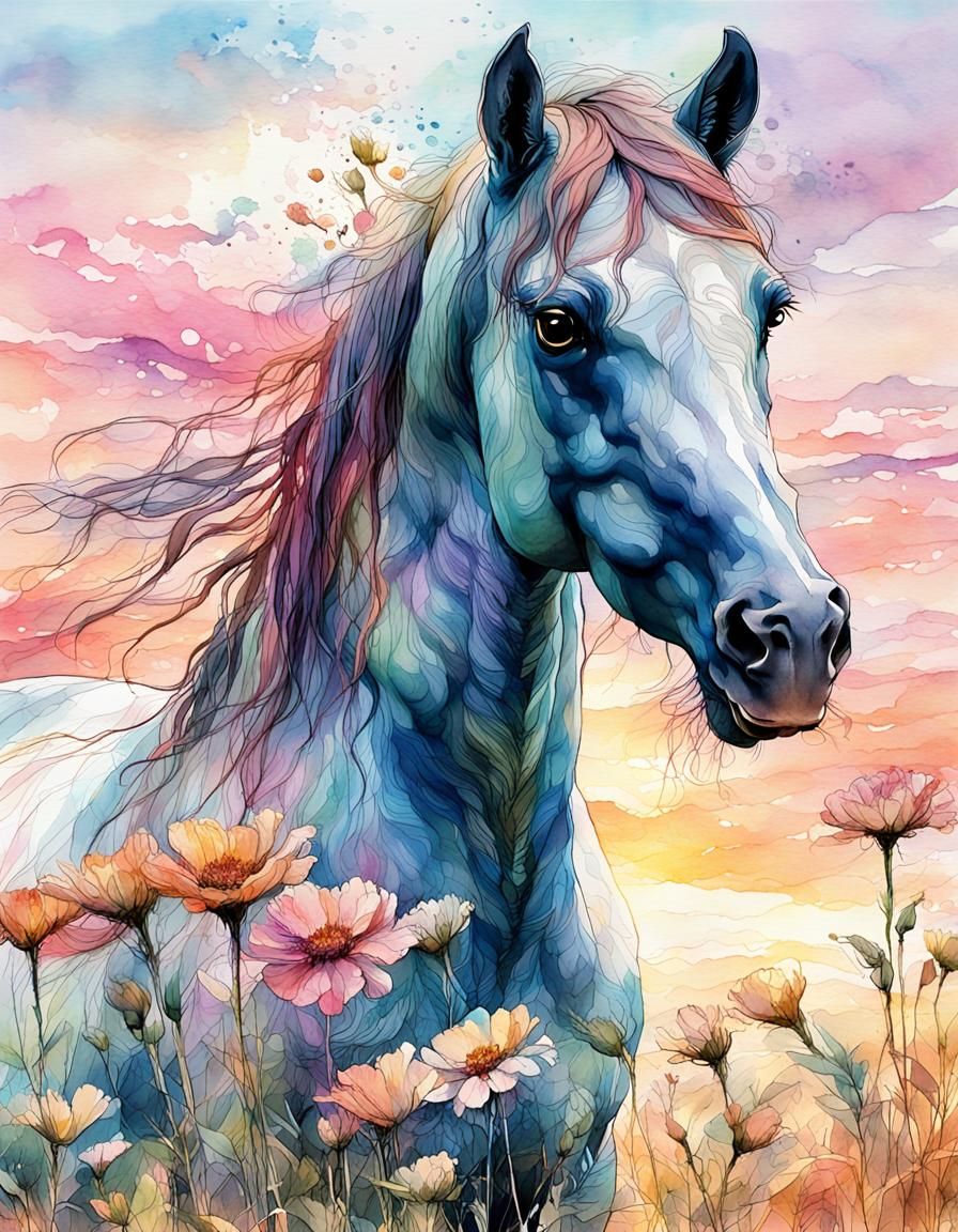 Beautiful Horses Portrait in Watercolor Illustration