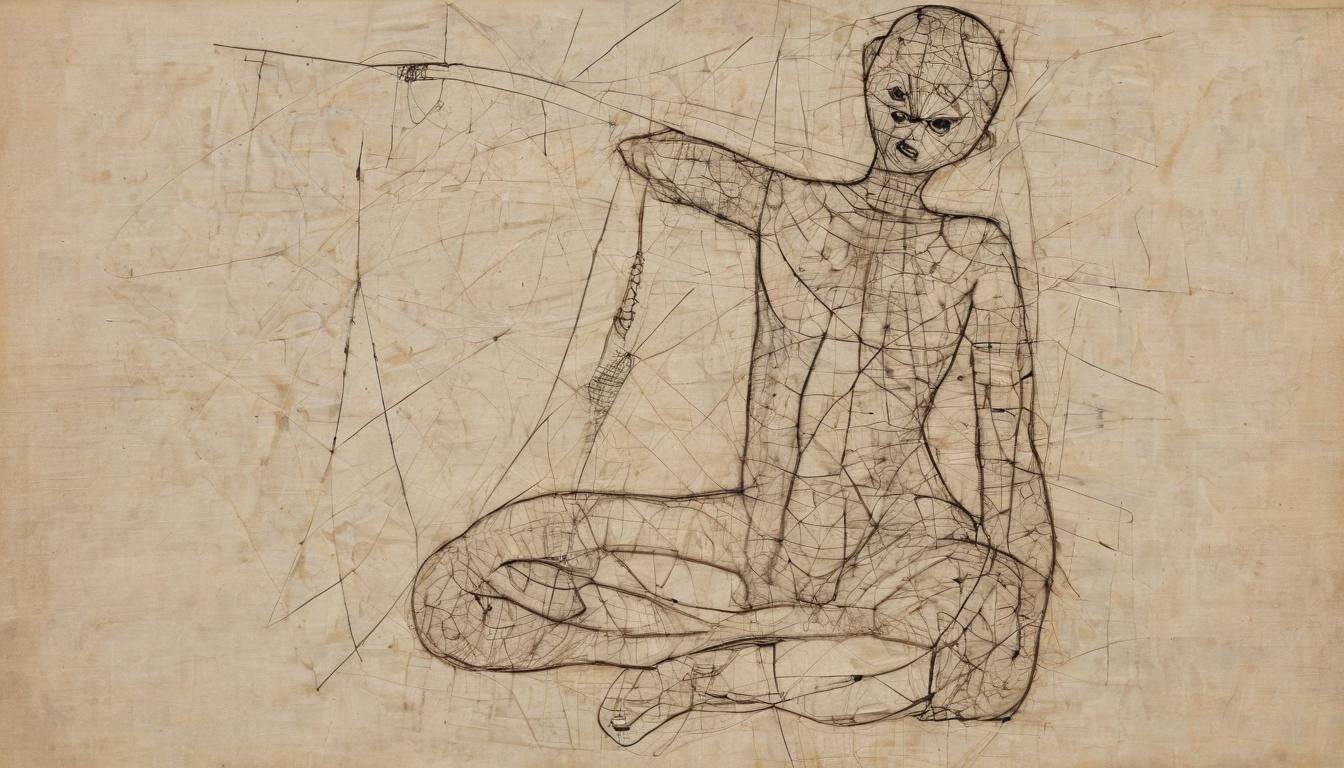 Surrealist Figure Knotted in a Net, Expressionist Drawing