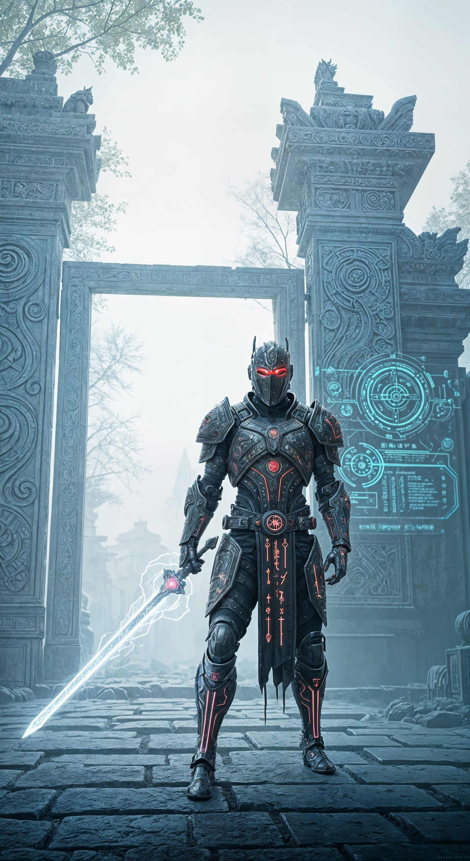 Cybernetic Knight Guarding Ancient Temple Gate in Sci-Fi Sty...