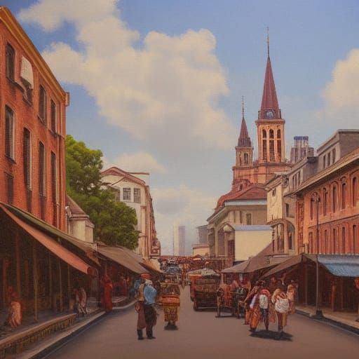 Colonial City in Antique Oil Painting Style