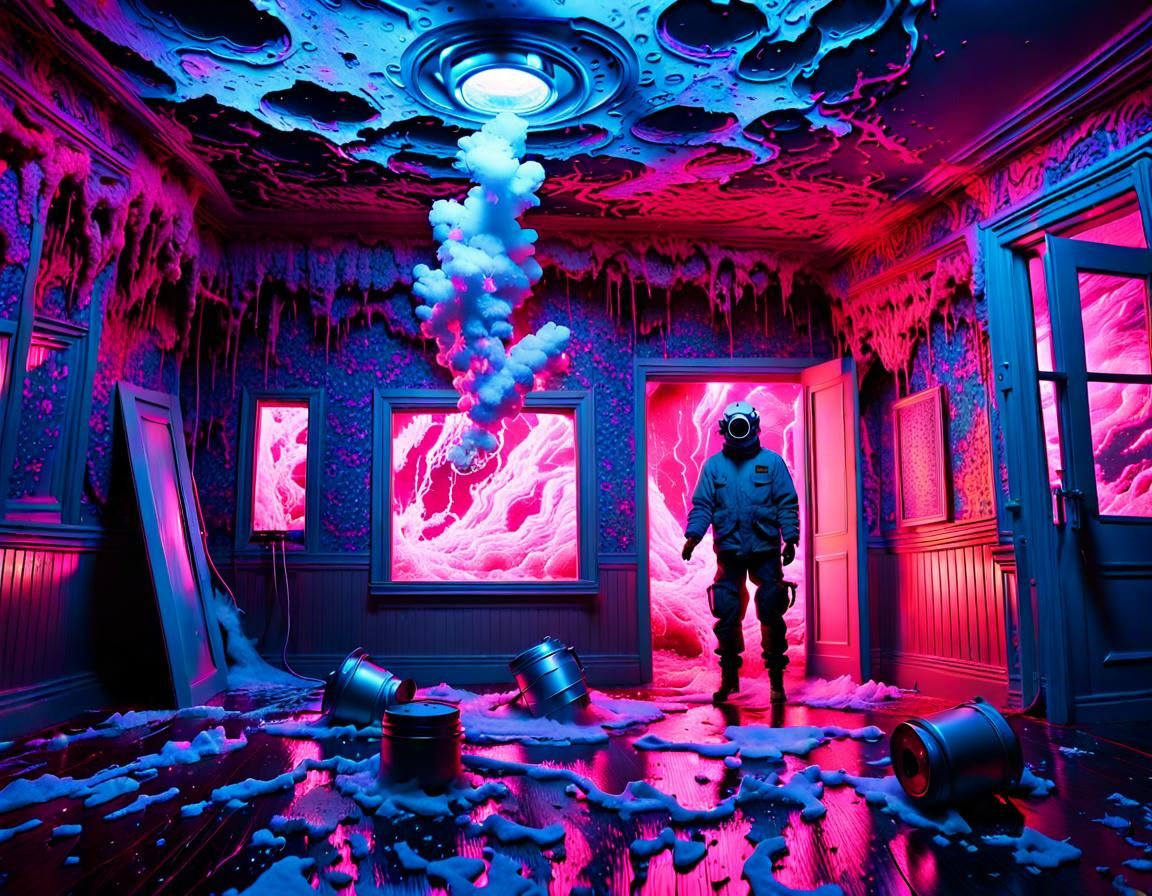 Chaotic Explosion Scene with Neon Lights