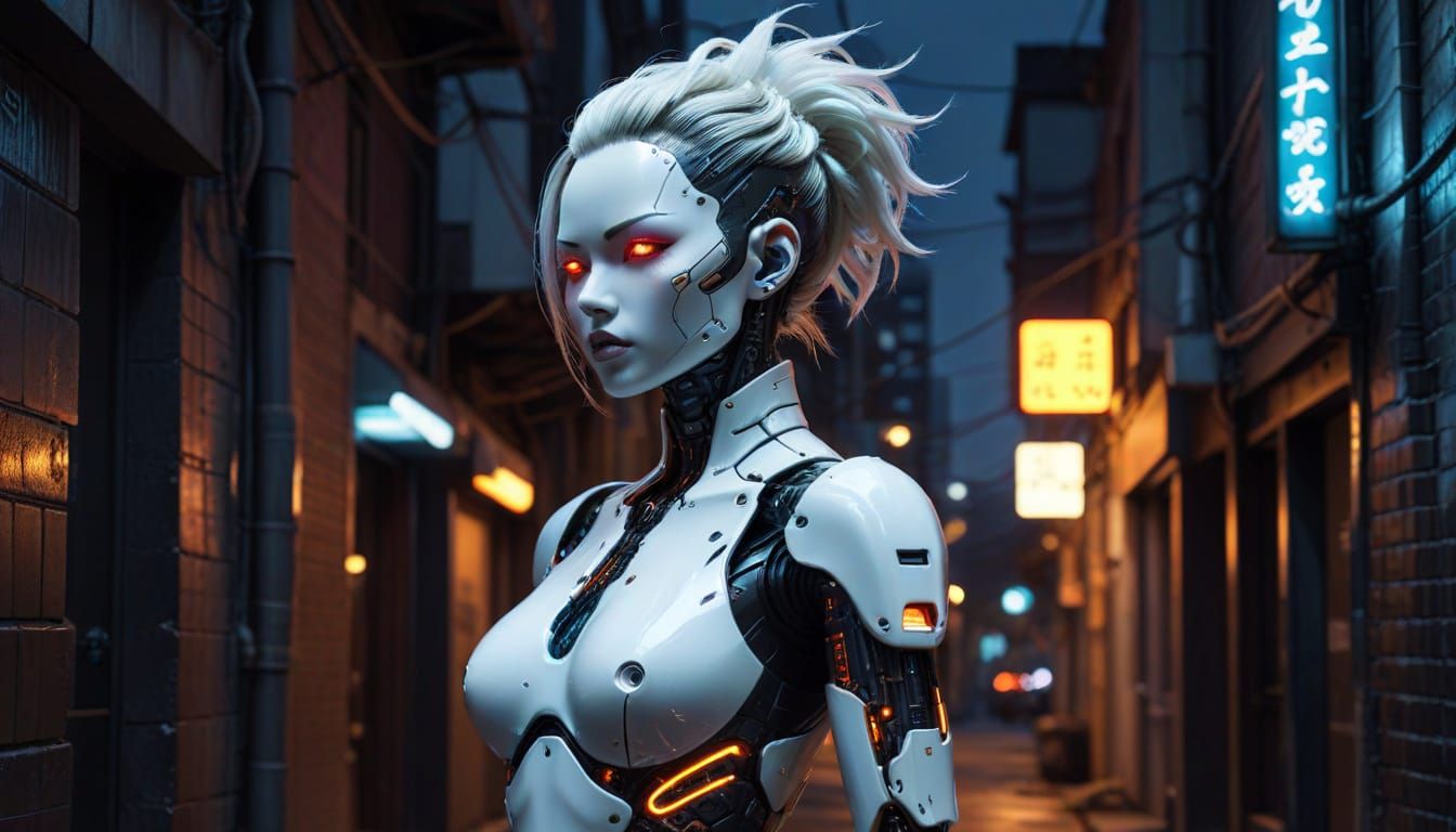 Frightening Japanese Gynoid in Neon Cyberpunk City
