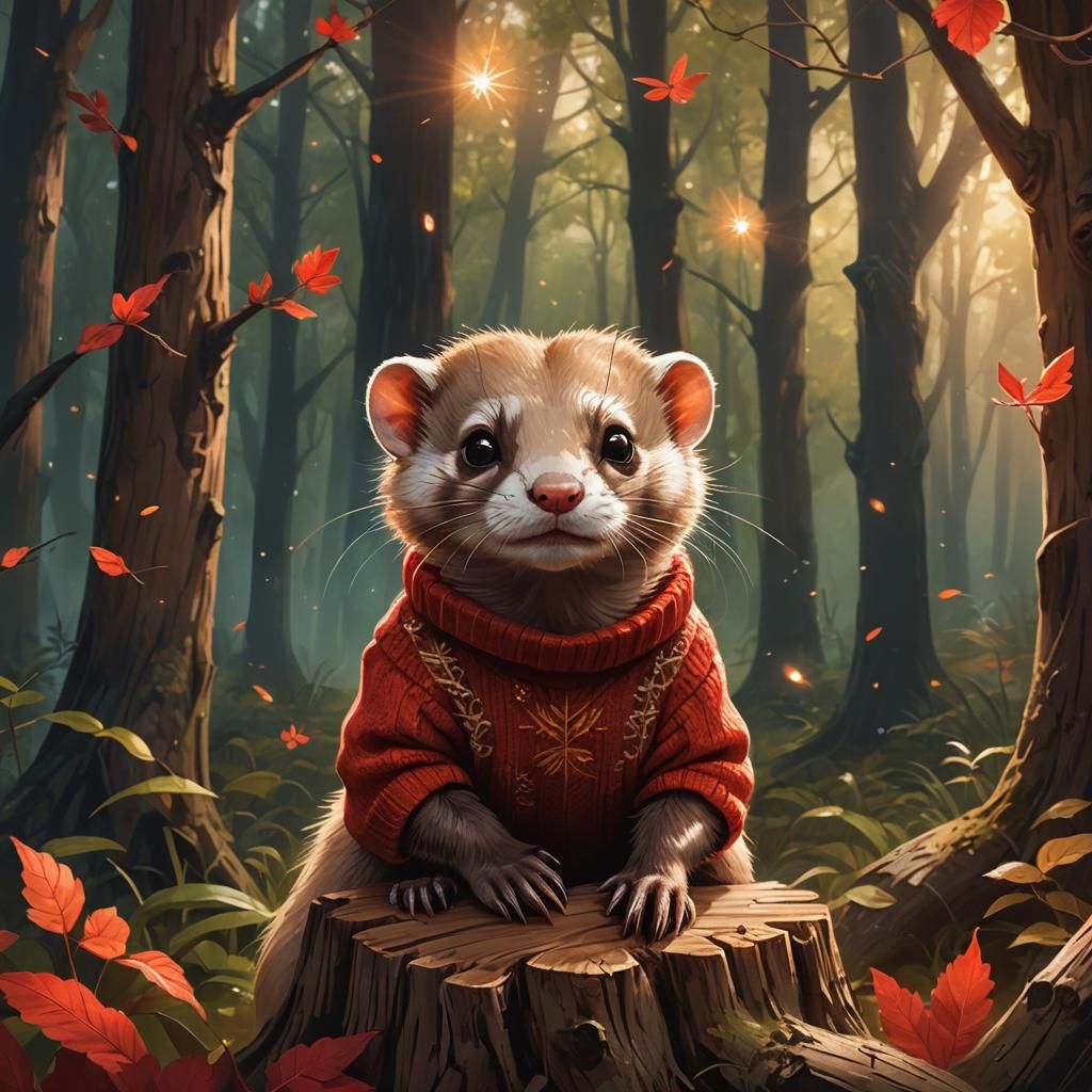 Whimsical Ferret Portrait in Mystical Forest Concept Art