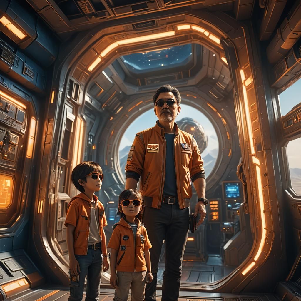 Figures Gaze Out at Planet Rings in Sci-Fi Scene